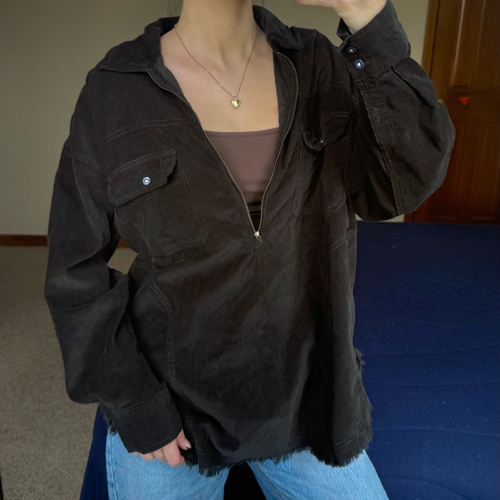 Aerie Black Corduroy Oversized Half-Zip Jacket